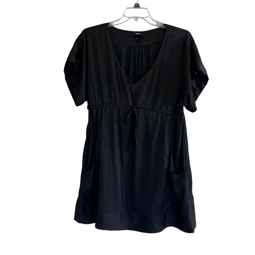 HM Black V-Neck Empire Waist Mini Dress Short‎ Sleeve Pockets Size 12 READ